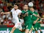 Hungary's Adam Szalai in action with Republic of Ireland's Shane Duffy on June 8, 2021