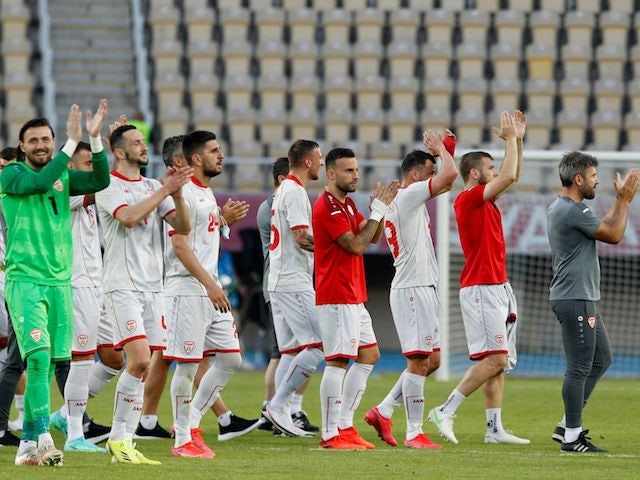 Macedonia's players celebrates after winning their game against Kazakhstan on June 4, 2021