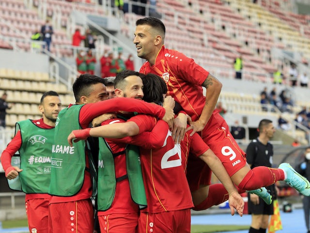 North Macedonia's Elif Elmas celebrates scoring their first goal with teammates on June 1, 2021