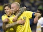 Sweden's Marcus Danielson celebrates scoring their second goal with Victor Lindelof on June 5, 2021