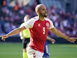 Denmark's Martin Braithwaite celebrates scoring their first goal against Bosnia on June 6, 2021