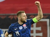 Milan Skriniar celebrates scoring for Slovakia in March 2021