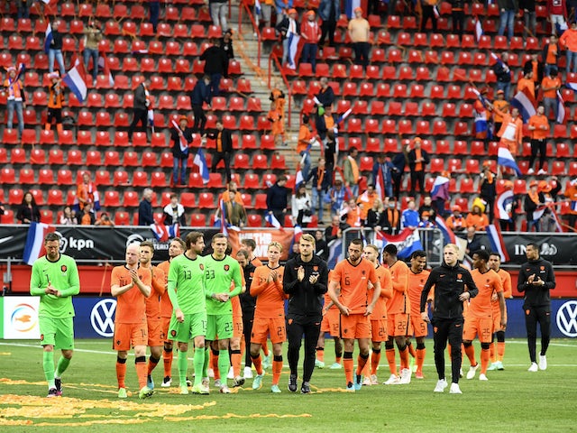 Netherlands players celebrate beating Georgia on June 6, 2021