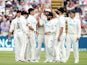 New Zealand's Trent Boult celebrates with teammates after taking the wicket of England's James Anderson on June 11, 2021
