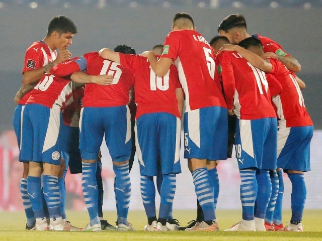 Paraguay team huddle before the match on June 9, 2021