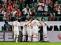Poland's Jakub Swierczok celebrates scoring their first goal with teammates on June 1, 2021