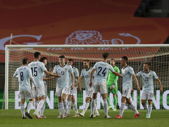 Scotland players celebrate scoring against Netherlands on June 2, 2021
