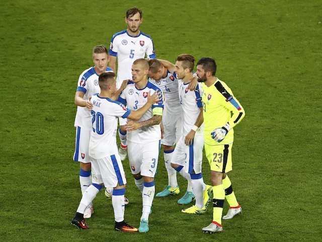 Slovakia players celebrate scoring against England at Euro 2016