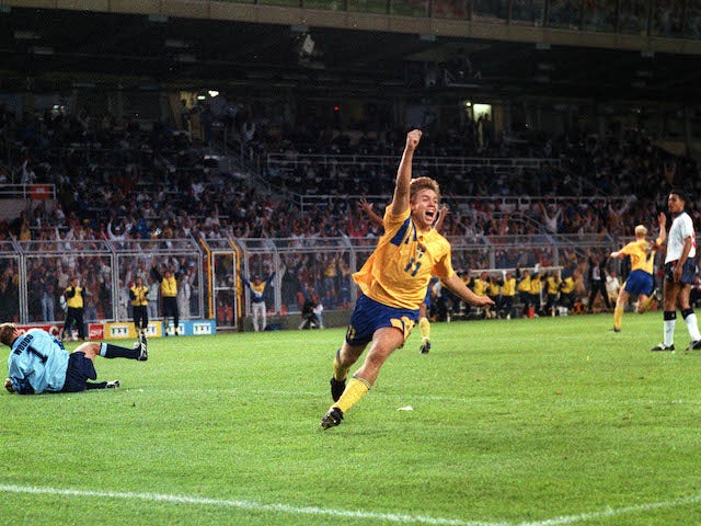 Sweden's Tomas Brolin celebrates scoring against England at Euro 92