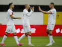 Turkey's Burak Yilmaz celebrates scoring their first goal on June 3, 2021