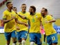 Brazil's Neymar celebrates scoring their second goal with teammates on June 13, 2021