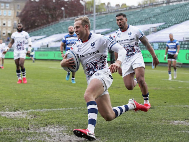 Bristol Bears' Max Malins scores their first try on May 8, 2021