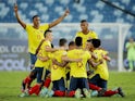 Colombia's Edwin Cardona celebrates scoring their first goal with teammates on June 13, 2021