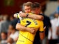Hartlepool United's Ryan Donaldson and manager Dave Challinor celebrate after the game on June 13, 2021