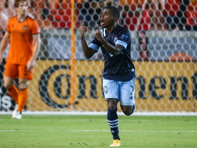 Vancouver Whitecaps FC forward Deiber Caicedo reacts after scoring a goal on May 23, 2021