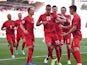 Denmark's Yussuf Poulsen celebrates scoring against Belgium at Euro 2020 on June 17, 2021