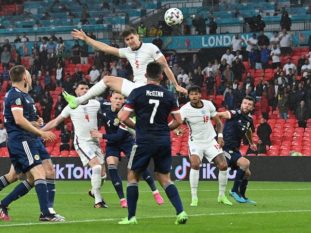 England's John Stones hits the post against Scotland at Euro 2020 on June 18, 2021