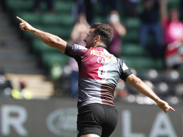 Harlequins' Danny Care celebrates after scoring a try on May 29, 2021