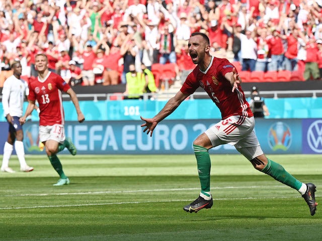 L'ungherese Attila Viola festeggia il gol contro la Francia a Euro 2020 il 19 giugno 2021