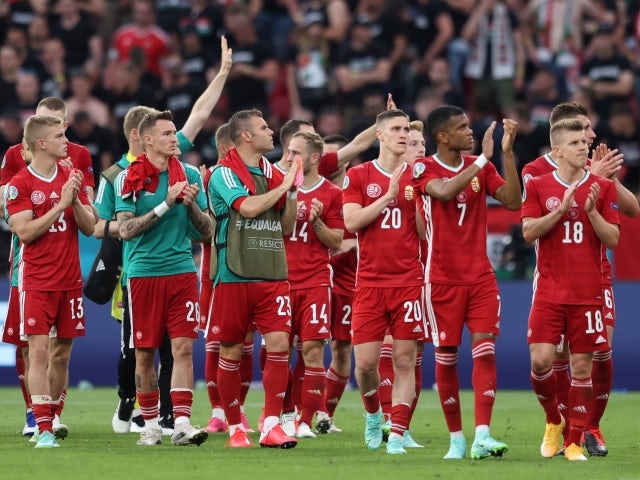 Hungary players applaud fans after the match on June 15, 2021