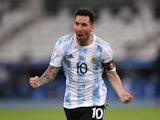 Argentina's Lionel Messi celebrates scoring their first goal on June 14, 2021