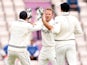 New Zealand's Neil Wagner celebrates with teammates after taking the wicket of India's Ajinkya Rahane on June 20, 2021