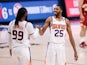 Phoenix Suns forward Mikal Bridges celebrates with forward Jae Crowder after the game against the Denver Nuggets on June 14, 2021