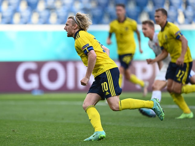 Sweden's Emil Forsberg celebrates scoring their first goal against Slovakia at Euro 2020 on June 18, 2021