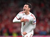 Andreas Christensen celebrates scoring for Denmark against Russia at Euro 2020 on June 21, 2021