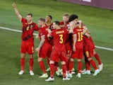 Belgium's Thorgan Hazard celebrates scoring against Portugal at Euro 2020 on June 27, 2021