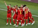 Belgium's Thorgan Hazard celebrates scoring against Portugal at Euro 2020 on June 27, 2021