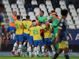 Brazil's Casemiro celebrates scoring against Colombia at the Copa America on June 23, 2021