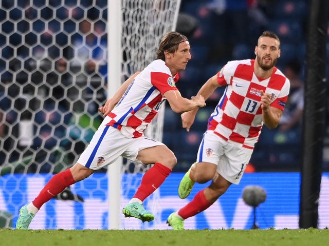 Luka Modric celebrates scoring for Croatia against Scotland at Euro 2020 on June 22, 2021