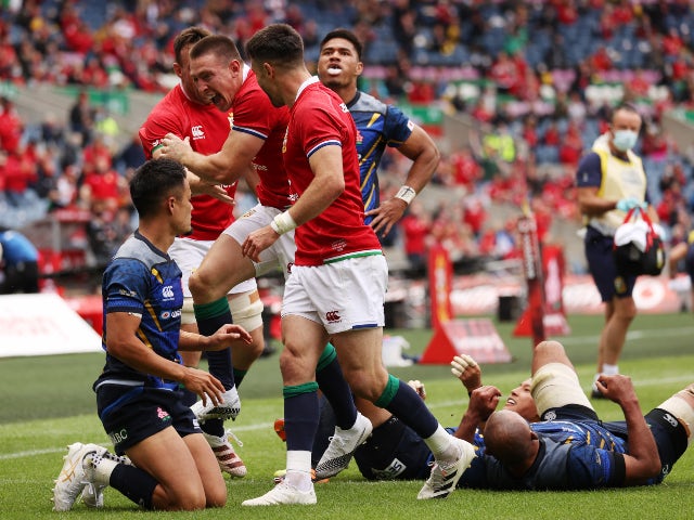 British and Irish Lions celebrate a try against Japan on June 26, 2021