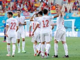 Aymeric Laporte celebrates scoring for Spain against Slovakia at Euro 2020 on June 23, 2021