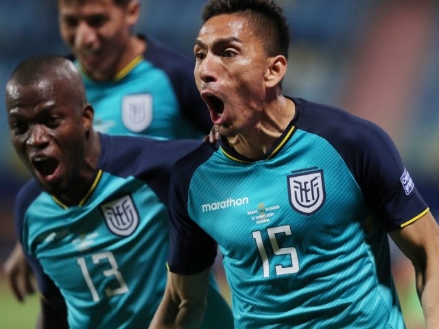Ecuador's Angel Mena celebrates scoring their first goal with teammates on June 27, 2021