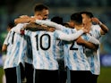 Argentina teammates celebrate scoring their third goal on June 29, 2021