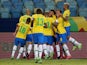 Brazil's Eder Militao celebrates scoring their first goal with teammates on June 27, 2021
