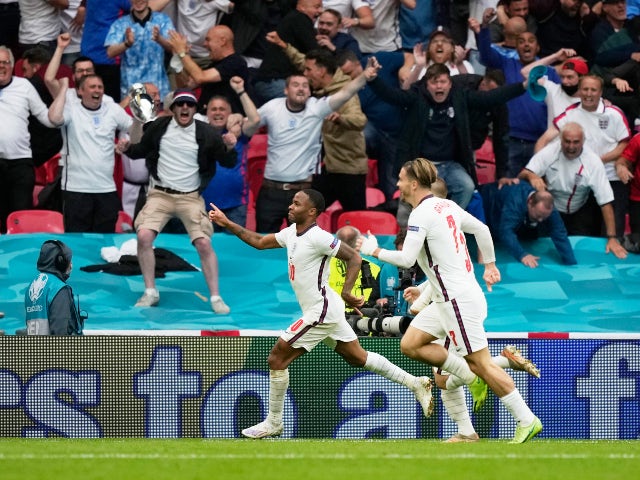 Raheem Sterling celebrates scoring for England against Germany at Euro 2020 on June 29, 2021