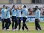 England's Chris Woakes celebrates with teammates against Sri Lanka on July 4, 2021