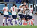 Jordan Henderson celebrates scoring for England against Ukraine at Euro 2020 on July 3, 2021