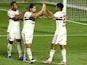 Sao Paulo's Gabriel Sara celebrates scoring their second goal with Martin Benitez on June 23, 2021