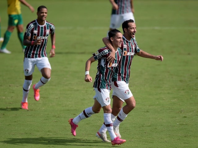 Fluminense's Gabriel Teixeira celebrates scoring their first goal with Nene on June 6, 2021