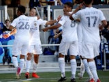 Los Angeles Galaxy forward Javier Hernandez celebrates with teammates after scoring a goal on June 27, 2021