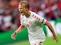 Denmark's Kasper Dolberg celebrates scoring their second goal on June 26, 2021