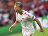 Denmark's Kasper Dolberg celebrates scoring against Wales at Euro 2020 on June 26, 2021