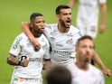 Santos' Marinho celebrates scoring their second goal with teammates on June 25, 2021