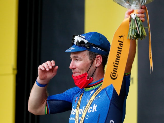 Mark Cavendish celebrates at the Tour de France on June 29, 2021