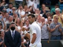 Novak Djokovic celebrates at Wimbledon on July 2, 2021