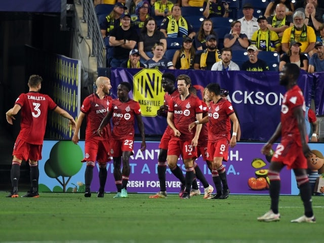 Toronto FC players celebrate after a goal by forward Patrick Mullins on June 24, 2021